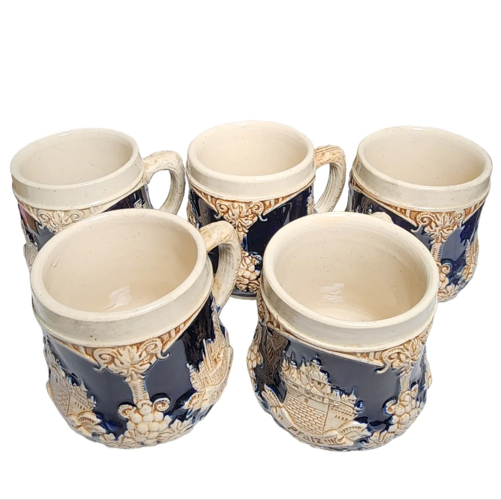 Vintage Wick-Works German Made Blue & Ivory Stoneware Punch‎ Cups 5 Piece Set